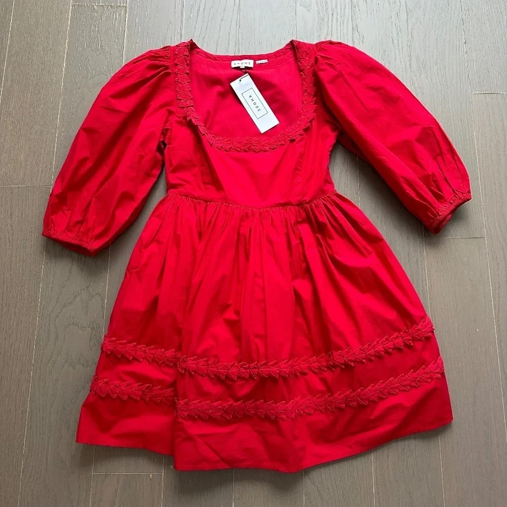 RHODE Daya Dress Poppy Red 100% Cotton Puffed Sleeve Size 2 AS IS